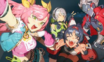1boy 3girls anby_demara billy_kid closed_eyes cunning_hares_(zenless_zone_zero) denim_vest double_v grey_hair group_picture highres humanoid_robot jacket kanalit5 looking_at_viewer multicolored_sleeves multiple_girls nekomiya_mana nicole_demara nicole_demara_(cunning_cutie) official_alternate_costume pink_tube_top red_jacket robot robot_boy strapless tube_top v zenless_zone_zero