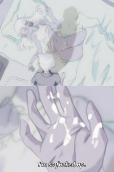 1boy 1girl 2koma after_masturbation bare_arms bare_shoulders bed blurry brother_and_sister comic cum cum_on_body cum_on_hands depth_of_field earrings english_text fake_screenshot from_above hetero highres ikari_shinji indoors jcm2 jewelry leni_loud lincoln_loud long_hair lying male_masturbation masturbation navel neon_genesis_evangelion nightgown nightgown_lift no_bra on_back on_bed panties pantyshot parody pillow sequential short_hair shota siblings sleep_molestation sleeping souryuu_asuka_langley spoilers striped_clothes striped_panties subtitled teenage_girl_and_younger_boy the_end_of_evangelion the_loud_house underwear white_hair