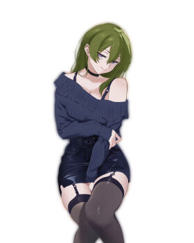 1girl absurdres black_thighhighs blouse breasts garter_straps green_hair high-waist_skirt highres jmx_(j_m_x) long_hair looking_at_viewer medium_breasts pencil_skirt purple_eyes shirt single_bare_shoulder skindentation skirt smile sousou_no_frieren strap sweater thighhighs ubel_(sousou_no_frieren) white_background zettai_ryouiki