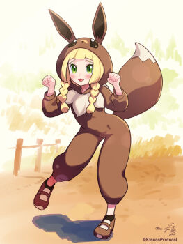 alternate_costume blonde_hair brown_shoes cosplay eevee eevee_(cosplay) eevee_ears eevee_tail gen_1_pokemon green_eyes highres kinocopro lillie_(pokemon) nintendo poke_kid_(pokemon) poke_kid_(pokemon)_(cosplay) pokemon pokemon_sm pokemon_swsh shoes