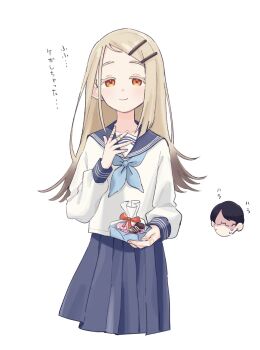 1boy 1girl bandaid bandaid_on_finger bandaid_on_hand black_hair blonde_hair blue_neckerchief blue_sailor_collar blue_skirt box closed_mouth colored_eyelashes commentary cowboy_shot cropped_legs earrings faceless faceless_male fingernails food gakuen_idolmaster glasses gradient_hair grey_hair hair_ornament hairclip hand_up highres holding holding_box idolmaster jewelry light_blush long_hair long_sleeves looking_at_viewer multicolored_hair neckerchief orange_eyes parallel_hairclips pleated_skirt producer_(idolmaster) sailor_collar school_uniform serafuku shinosawa_hiro shirt short_hair simple_background skirt smile stud_earrings sweat sweets swept_bangs symbol-only_commentary translation_request white_background white_shirt yasuzero