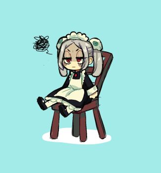 1girl apron bloody_marie_(skullgirls) blue_background chair chibi dress frilled_apron frilled_dress frills full_body greyscale hair_ornament maid_headdress mary_janes mercysstrap monochrome pantyhose red_hair shoes sitting skull_hair_ornament skullgirls solo squiggle twintails