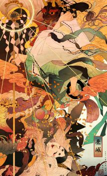 Rule 34 | 1boy, 1girl, absurdres, barefoot, black hair, bow, closed eyes, feet, full body, hair bow, hair ornament, highres, japanese clothes, leaf, long hair, long sleeves, looking at viewer, lying, open mouth, original, scenery, shirt, skirt, smile, surreal, white shirt, wide shot