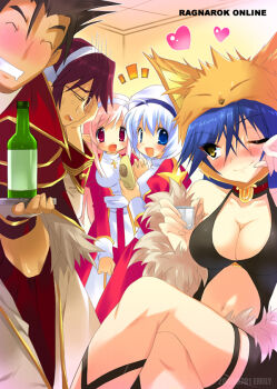 Rule 34 | 2000s (style), 2boys, 3girls, :d, ahoge, bad id, black shorts, black tank top, blue eyes, blue hair, blush, breasts, capelet, cleavage, closed mouth, clothing cutout, copyright name, cowboy shot, crossed legs, detached sleeves, dress, emily (pure dream), facepalm, fox hat, fur-trimmed sleeves, fur trim, glasses, heart, high priest (ragnarok online), high wizard (ragnarok online), indoors, juliet sleeves, large breasts, long hair, long sleeves, looking at another, looking at viewer, multiple boys, multiple girls, one eye closed, open mouth, pants, pink hair, pointy ears, puffy sleeves, ragnarok online, red capelet, red dress, red eyes, red pants, sash, short hair, shorts, sitting, smile, stalker (ragnarok online), stomach cutout, tank top, two-tone dress, white dress, white sash, yellow eyes