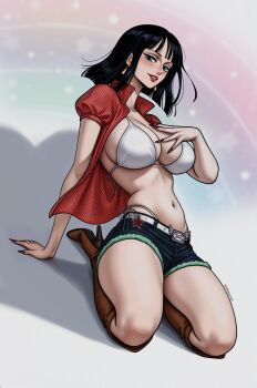 1girl ai-assisted belt bikini black_hair blue_eyes blue_shorts blunt_ends blush boots breasts brown_boots cleavage collared_shirt cosplay denim denim_shorts earrings fingernails high_heels highres jewelry kwon_eun-bi kwon_eun-bi_(cosplay) large_breasts long_fingernails looking_at_viewer medium_hair navel nico_robin one_piece open_clothes open_shirt parted_lips prixmal puffy_short_sleeves puffy_sleeves red_lips red_nails red_shirt shadow shirt short_sleeves shorts smile solo swimsuit white_belt white_bikini