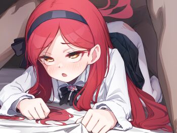 1boy 1girl all_fours black_hairband blue_archive blush clothed_female_nude_male collared_shirt commentary_request doggystyle hairband halo hetero highres hudeako layered_sleeves long_hair nose_blush nude open_mouth pantyhose partial_commentary red_hair red_halo revision rolling_eyes sex sex_from_behind shirt solo_focus takane_(blue_archive) top-down_bottom-up torn_clothes torn_pantyhose white_pantyhose white_shirt yellow_eyes