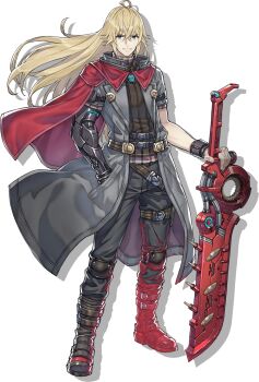 1boy ahoge blonde_hair boots cape full_body hand_in_pocket highres jacket long_hair mechanical_arms monado official_art red_cape saitou_masatsugu shulk_(xenoblade) single_mechanical_arm solo standing sword transparent_background weapon xenoblade_chronicles_(series) xenoblade_chronicles_3 xenoblade_chronicles_3:_future_redeemed