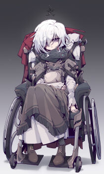 1girl absurdres boots brown_boots closed_mouth commentary commentary_request english_commentary full_body highres imazawa long_sleeves mixed-language_commentary original paid_reward_available purple_eyes short_hair sitting solo tagme variant_set wheelchair white_hair