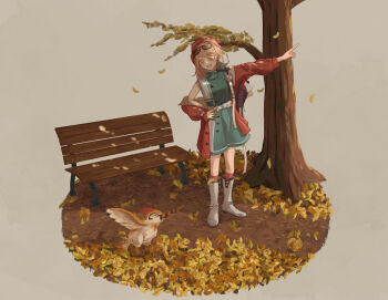Rule 34 | 1girl, :d, aqua dress, aqua neckerchief, autumn leaves, backpack, bag, bench, beret, bird, boots, coat, dress, eyewear on head, falling leaves, full body, hat, highres, keshiki, leaf, looking at animal, neckerchief, open mouth, orange eyes, outstretched arm, park bench, pointing, red coat, red hat, red socks, regulus (reverse:1999), reverse:1999, short dress, single off shoulder, sleeveless, sleeveless dress, smile, socks, solo, standing, sunglasses, tree, white boots