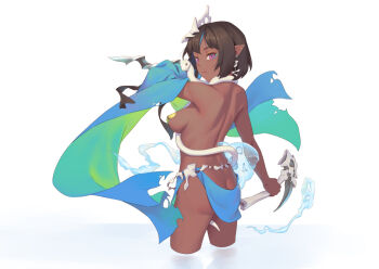 1girl belt bigrbear bone breasts brown_hair dark-skinned_female dark_skin earrings eyeshadow holding holding_pickaxe jewelry looking_at_viewer makeup medium_breasts original pasties pelvic_curtain pickaxe pointy_ears purple_eyes reflection reflective_water revealing_clothes short_hair snake solo spirit standing white_background