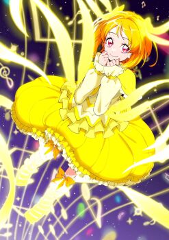 1girl beamed_eighth_notes bow capelet closed_mouth commentary cure_muse_(yellow) eighth_note floating frilled_capelet frilled_shirt frilled_skirt frills full_body glowing glowing_clothes hair_bow highres long_sleeves looking_at_viewer musical_note musical_staff orange_bow orange_hair precure puffy_sleeves red_eyes ribbon shirabe_ako shirako_love shirt short_hair skirt sleeves_past_wrists smile solo suite_precure yellow_bow yellow_capelet yellow_ribbon yellow_shirt yellow_skirt yellow_sleeves