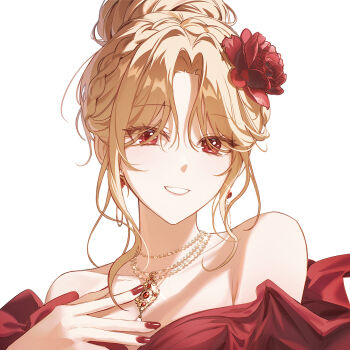 1girl bare_shoulders blonde_hair braid breasts check_copyright commentary commission copyright_request crown_braid earrings fingernails flower hair_flower hair_ornament hair_up hand_on_own_chest highres jewelry looking_at_viewer medium_breasts nail_polish necklace original parted_bangs portrait red_eyes red_flower red_nails short_hair simple_background smile solo white_background yuhaw0v0