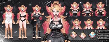 1girl alternate_costume animal_ears animal_hands bandaid bandaid_on_face bandaid_on_nose black_bra black_panties black_shirt blonde_hair blue_eyes body_freckles bra breasts cat_ears cat_girl cat_tail chain claws cleavage crescent_moon crossed_arms detached_sleeves fangs freckles full_body glasses gradient_hair grey_skirt guitar hair_ornament hair_over_eyes hair_over_one_eye highres huge_breasts indie_virtual_youtuber instrument jewelry lace large_breasts lingerie long_hair moon multicolored_hair nanoless necklace obkatiekat obkatiekat_(3rd_costume) official_art open_mouth oversized_clothes oversized_shirt panties pink_hair pleated_skirt ponytail reference_sheet scar scar_on_leg shirt shoulder_freckles skirt solo standing striped_clothes striped_shirt striped_sleeves tail tatsuwu thick_thighs thighs underbust underwear virtual_youtuber white_shirt wide_hips