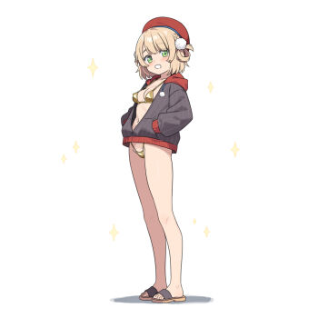 1girl beret bikini bikini_under_clothes blonde_hair blush braid breasts brown_bikini brown_sandals drawstring full_body green_eyes grey_jacket groin hair_rings hands_in_pockets hat hatsunatsu highleg highleg_bikini hood hood_down hooded_jacket indie_virtual_youtuber jacket looking_at_viewer medium_breasts navel pinstripe_jacket pinstripe_pattern red_hat sandals shadow shigure_ui_(vtuber) shigure_ui_(vtuber)_(1st_costume) simple_background smile solo sparkle standing swimsuit virtual_youtuber white_background