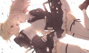 Rule 34 | 2girls, :d, ^ ^, absurdres, ahoge, ando tazusa, assault lily, asymmetrical docking, black ribbon, black skirt, blonde hair, blush, breast press, breasts, brown socks, closed eyes, closed mouth, clothes lift, clover hair ornament, commentary, cowboy shot, cropped jacket, face-to-face, facing another, falling petals, forehead-to-forehead, four-leaf clover hair ornament, frilled skirt, frills, from side, hair ornament, hair ribbon, hand up, heads together, high-waist skirt, high ponytail, highres, hitotsuyanagi riri, holding hands, interlocked fingers, juliet sleeves, kuro ula, large breasts, leg ribbon, leg up, loafers, long sleeves, looking at another, miniskirt, multiple girls, neck ribbon, one side up, open mouth, orange eyes, petals, pink hair, ponytail, profile, puffy sleeves, ribbon, school uniform, shirt, shoes, short hair, sideways, simple background, skirt, skirt lift, smile, socks, standing, standing on one leg, thigh ribbon, thighhighs, two-tone ribbon, white background, white shirt, white thighhighs, yuri, yurigaoka girls academy school uniform