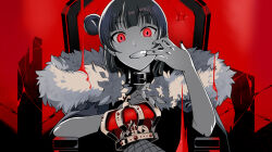 Rule 34 | 1girl, black collar, black nails, blunt bangs, buckle, collar, crown, fang, finger in own mouth, fishnet pantyhose, fishnets, grin, hair bun, king (vocaloid), limited palette, long hair, looking at viewer, love live!, love live! sunshine!!, mouth pull, nail polish, pantyhose, red background, red eyes, single hair bun, sitting, smile, solo, throne, tsushima yoshiko, unworn crown, upper body, vorupi