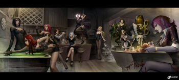 6+girls absurdres ahri_(league_of_legends) android animal_ears annotated apron artist_request ashe_(league_of_legends) ball bar_(place) bare_shoulders bartender billiard_ball billiards black_hair blonde_hair blue_eyes blue_hair bra breasts brown_hair cigarette cleavage colored_skin corset cue_stick dart fiora_(league_of_legends) fox_ears fox_tail garter_straps glass gloves green_eyes heart high_heels highres janna_(league_of_legends) katarina_(league_of_legends) league_of_legends leaning_forward leona_(league_of_legends) letterboxed long_hair lux_(league_of_legends) maid maid_apron maid_headdress medium_breasts miss_fortune_(league_of_legends) morgana_(league_of_legends) multiple_girls necktie orianna_(league_of_legends) plant plate playboy_bunny pointy_ears pole pole_dancing pool_table purple_hair purple_skin red_hair scar shoes short_hair short_shorts shorts sign signature smoking spikes stripper_pole table tail thighhighs underwear vines waist_apron watch wind winding_key zyra