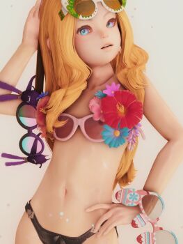 1girl 3d black_panties blonde_hair blue_eyes eyewear_around_wrist eyewear_on_head flat_chest flower hand_in_own_hair hand_on_own_hip hand_up hibiscus highres kawaiixiv navel original panties parted_lips solo sunglasses teeth underwear underwear_only upper_body upper_teeth_only