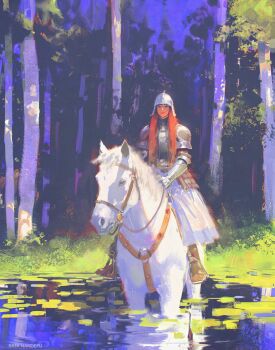 Rule 34 | 1girl, absurdres, artist name, boots, brown hair, closed mouth, commentary, cuirass, english commentary, forest, helmet, highres, horse, horseback riding, knight, lips, long hair, looking at viewer, nature, original, outdoors, pond, raja nandepu, riding, smile, solo, tree, wading, white horse