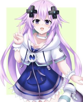 adult_neptune bangle bracelet breasts choker dress happy highres hood hoodie jersey jersey_dress jewelry large_breasts leggings long_hair matrixjudge neptune_(neptunia) neptune_(series) open_mouth purple_eyes purple_hair shoes stocking thighs very_long_hair yellow_background
