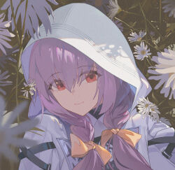 Rule 34 | 1girl, absurdres, atsuko (blue archive), blue archive, blurry, closed mouth, commentary request, depth of field, flower, hair over shoulder, hair ribbon, highres, hood, hood up, hooded jacket, huaano, jacket, looking at viewer, portrait, purple hair, red eyes, ribbon, smile, solo, white flower, white jacket, yellow ribbon
