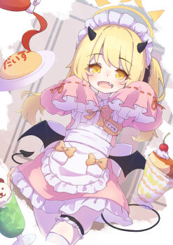 1girl absurdres alternate_costume apron black_horns black_tail blonde_hair blue_archive child commentary demon_horns demon_tail demon_wings dress enmaided fang food halo highres horns ibuki_(blue_archive) long_hair maid maid_headdress mottata open_mouth pudding solo tail white_apron wings yellow_eyes yellow_halo