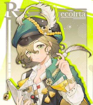 Rule 34 | 1girl, :/, black vest, brown hair, cape, character name, chinese commentary, closed mouth, commentary request, green background, green cape, green eyes, green hat, hands up, hat, hat feather, highres, holding, holding notebook, holding quill, looking at viewer, mingzhaichuan, newsboy cap, notebook, quill, recoleta (reverse:1999), reverse:1999, shirt, short hair, solo, upper body, vest, white shirt