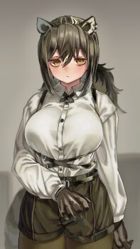 absurdres animal_ears arknights belt blush breasts brown_hair brown_shorts ear_piercing freckles gloves highres large_breasts long_hair looking_at_viewer pantyhose piercing raccoon_ears raccoon_girl raccoon_tail robin_(arknights) shirt shorts simple_background tail utsuke_(u_tuk_e) white_shirt