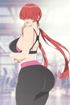 1girl absurdres ass breasts curvy earrings female_focus from_behind gym heart highres huge_ass indoors jewelry large_breasts long_hair looking_at_viewer looking_back pale_skin pants ponytail r3dfive red_hair shermie_(kof) sportswear standing the_king_of_fighters thick_thighs thighs tight_clothes tight_pants twintails wide_hips