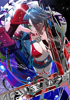1girl belt black_hair blue_jacket blue_shorts bra breasts chaos_zero_nightmare chest_harness cleavage collar crop_top gloves green_eyes harness highres jacket kitsunebi44410 knife large_breasts long_sleeves looking_at_viewer medium_hair midriff multicolored_hair navel open_clothes open_jacket open_mouth red_bra red_collar red_gloves short_shorts shorts solo spaghetti_strap spiked_collar spikes stomach thigh_strap thighs tressa_(chaos_zero_nightmare) two-tone_hair underwear