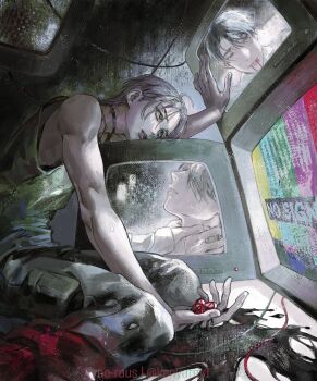 2boys absurdres alien_stage artist_name black_choker black_hair blood blood_from_mouth choker commentary grey_hair hashtag-only_commentary heart heart-shaped_gem highres ivan_(alien_stage) kenyarey1 male_focus multiple_boys screen short_hair sitting strangling television till_(alien_stage)