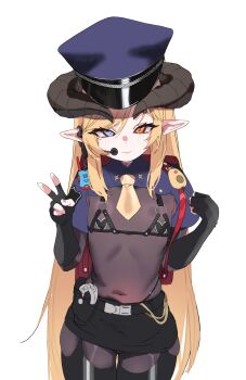 1girl absurdres arm_up belt black_belt black_gloves black_panties black_skirt black_thighhighs blonde_hair blue_eyes blue_shrug bodysuit brown_bodysuit brown_horns closed_mouth collared_shrug covered_navel cowboy_shot elbow_gloves fingerless_gloves flat_chest gloves hat headphones heart_pasties heterochromia highres horns korean_commentary krabking light_blush long_hair looking_at_viewer microskirt necktie orange_eyes original panties pasties pointy_ears police_hat revealing_clothes short_sleeves shrug_(clothing) sidelocks skirt solo thighhighs underwear v yellow_necktie