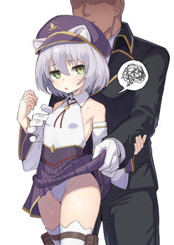 1boy 1girl absurdres animal_ears bare_shoulders black_jacket breasts cameltoe cat_ears chitose_(mist_train_girls) clothes_lift commission copyright_request detached_sleeves ears_through_headwear faceless faceless_male gloves grabbing_another&#039;s_breast grabbing_from_behind green_eyes grey_hair groping hand_up hetero highleg highleg_panties highres jacket lifting_another&#039;s_clothes long_sleeves medium_hair mist_train_girls nipple_push nipple_stimulation panties parted_lips petite pouch purple_headwear simple_background skeb_commission skirt skirt_lift small_breasts spoken_squiggle squiggle standing sweat thigh_pouch thigh_strap thighhighs thighs underwear wagashi_(dagashiya) white_background white_gloves white_panties white_thighhighs wide_sleeves wing_collar