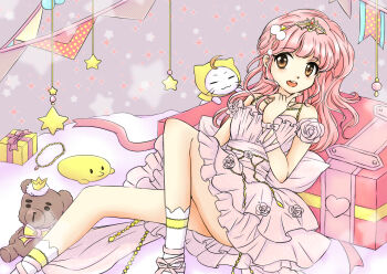 1girl =_= ahoge animal anime_coloring ankle_ribbon ankle_socks anklet back_bow bare_shoulders bead_necklace beads bow brown_eyes cat cloak clothed_animal commentary_request dot_nose dress ear_covers eyelashes feet_out_of_frame finger_to_own_chin fingernails flower frilled_dress frills gift gifty_(nikki) gold_necklace gold_tiara hair_ornament happy heart hood hood_up hooded_cloak jewelry kasakasako leaning_back leg_ribbon light_blush long_hair looking_at_viewer mini_tiara miracle_nikki momo_(nikki) necklace nikki_(nikki) nikki_(series) no_panties on_bed open_mouth pink_bow pink_dress pink_flower pink_hair pink_ribbon pink_rose pom_pom_(clothes) pom_pom_hair_ornament ribbon rose smile socks sparkle strapless strapless_dress stuffed_animal stuffed_toy suitcase sweet_wish_(miracle_nikki) tareme teddy_bear teeth tiara unworn_jewelry unworn_necklace upper_teeth_only very_long_hair wavy_hair whiskers white_cat white_socks yellow_cloak