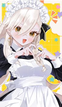 1girl alternate_costume apron black_dress blush braid breasts commentary_request dress earrings enmaided fate/grand_order fate_(series) frilled_apron frills hair_between_eyes hair_ribbon heart heart_hands highres jewelry large_breasts long_hair long_sleeves looking_at_viewer maid maid_apron maid_headdress olga_marie_animusphere olga_marie_animusphere_(unbeast) open_mouth orange_eyes puffy_sleeves ribbon smile solo sushi_173k very_long_hair waist_apron white_apron white_hair