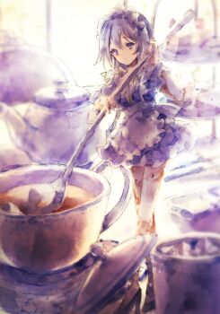 Rule 34 | 1girl, absurdres, apron, blue eyes, bow, braid, cake, cake slice, commentary request, cup, dress, food, green bow, grey hair, hair bow, highres, holding, holding spoon, izayoi sakuya, kamu kotan, long hair, maid headdress, mini person, minigirl, solo, spoon, sugar cube, teacup, teapot, thighhighs, tiered tray, touhou, traditional media, waist apron, white apron, white thighhighs, wrist cuffs