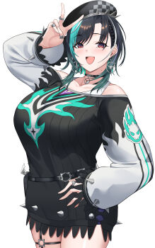 1girl absurdres aqua_hair arisugawa_ya beret black_hair black_hat black_shirt breasts choker collarbone hat highres hololive hololive_dev_is jewelry large_breasts long_sleeves looking_at_viewer multicolored_hair open_mouth red_eyes ribbed_shirt rindo_chihaya ring shirt simple_background smile solo spikes standing streaked_hair teeth upper_teeth_only v virtual_youtuber white_background white_hair