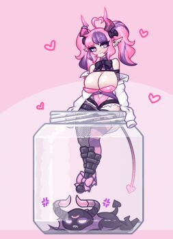 1girl animated animated_gif bouncing_breasts breasts bubi cleavage horns ironmouse jar large_breasts limebreaker looping_animation twintails virtual_youtuber vshojo