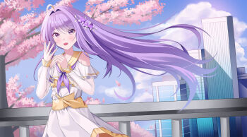 1girl ahoge aillatoste ayauke bare_shoulders blue_sky building cherry_blossoms clothing_cutout cowboy_shot day dress floating_hair flower hair_flower hair_intakes hair_ornament hands_up hashtag-only_commentary highres long_hair long_sleeves looking_at_viewer neckerchief open_mouth outdoors project_[i] purple_eyes purple_hair purple_neckerchief sailor_collar shoulder_cutout sky skyscraper smile solo standing very_long_hair virtual_youtuber white_dress yellow_sailor_collar