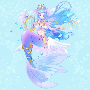 1girl air_bubble bikini blue_eyes blue_hair bracelet breasts bubble cleavage earrings feathers floating_hair gem half_updo harp head_wings highres instrument jewelry kneeless_mermaid long_hair mermaid monster_girl multicolored_hair necklace original shell shell_bikini swimsuit two-tone_hair umina_neko underwater wings