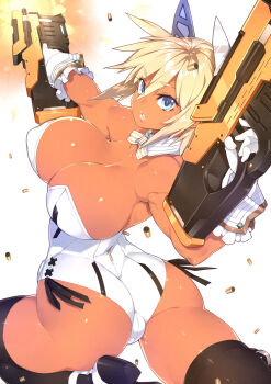 1girl 23_(real_xxiii) ass black_thighhighs blonde_hair blue_eyes blush bow bowtie breasts bullet cleavage curvy dark-skinned_female dark_skin detached_collar dual_wielding female_focus firing gloves gun highres holding huge_breasts lips looking_back muscular original parted_lips phantasy_star phantasy_star_online_2 playboy_bunny sela_(23) shell_casing short_hair simple_background solo submachine_gun thick_thighs thighhighs thighs toned weapon white_gloves wide_hips zipper