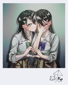 2girls ai_ai_gasa bang_dream! bang_dream!_it&#039;s_mygo!!!!! black_hair blush bow bowtie brown_cardigan cardigan cardigan_around_waist clothes_around_waist commentary doki_(oox3o) dress_shirt ear_piercing earrings embarrassed green_bow green_bowtie hair_ornament hairclip heart heart_hands heart_hands_duo highres jewelry long_hair looking_through_fingers multiple_girls piercing plaid_bow plaid_bowtie plaid_clothes purple_bow purple_bowtie purple_eyes shiina_taki shirt sleeves_rolled_up three-quarter_sleeves upper_body white_shirt yahata_umiri yuri