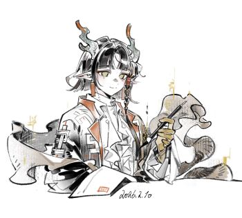 Rule 34 | 1girl, arknights, black hair, closed mouth, coat, colddddddd2, colored skin, dragon girl, dragon horns, earrings, highres, holding, holding pen, horns, ink, jewelry, jie (arknights), long sleeves, multicolored hair, nib pen (object), open clothes, open coat, pen, pointy ears, shirt, short hair, simple background, smile, solo, tassel, tassel earrings, upper body, white background, white shirt, yellow eyes