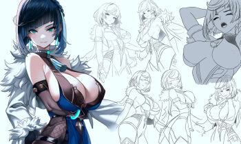 1girl aqua_eyes arm_under_breasts arm_up armpits asymmetrical_gloves bare_shoulders black_gloves blue_hair blunt_bangs breasts cleavage dice fingerless_gloves fur-trimmed_jacket fur_trim genshin_impact gloves huge_breasts indy_k jacket jacket_on_shoulders looking_at_viewer multiple_views pantyhose short_hair sideboob simple_background sleeveless smile solo white_jacket yelan_(genshin_impact)