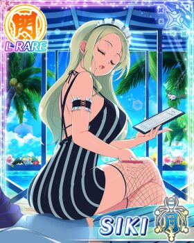 1girl 1other :o armband bat_(animal) beach black_dress blonde_hair border breasts card_(medium) character_name clipboard closed_eyes coconut crossed_legs dress fishnet_thighhighs fishnets flower frilled_armband frills game_cg holding holding_clipboard holding_pen large_breasts long_hair maid_headdress middle_part mole mole_under_mouth ocean official_art palm_tree parted_bangs pen senran_kagura senran_kagura_new_wave shiki_(senran_kagura) sitting sitting_on_lap sitting_on_person solo_focus star-shaped_eyewear star_(symbol) striped_clothes striped_dress table thighhighs third-party_source tree vertical-striped_clothes vertical-striped_dress waitress