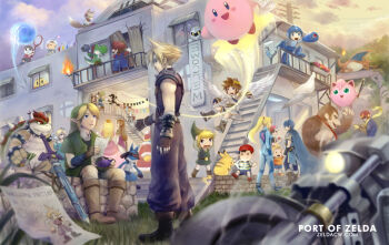 1990s_(style) animal_crossing bag banner baseball_bat blonde_hair blue_eyes bowser breasts butterfly_net cape captain_falcon charizard cloud_strife crossover donkey_kong donkey_kong_(series) everyone f-zero fighting_stance final_fantasy final_fantasy_vii fire fire_emblem flame-tipped_tail fox_mccloud game_&amp;_watch gen_1_pokemon gen_4_pokemon gloves hand_net hat holding holding_poke_ball instrument jewelry jigglypuff kid_icarus king_dedede kirby kirby_(series) link long_hair lucario lucas_(mother_3) luigi lying male_robin_(fire_emblem) mallet mario mario_(series) marth_(fire_emblem) master_sword medium_breasts mega_man_(character) mega_man_(classic) mega_man_(series) meta_knight metroid mother_(series) mother_2 mother_3 motor_vehicle motorcycle mr._game_&amp;_watch multiple_boys multiple_girls ness_(mother_2) nintendo ocarina olimar on_side outdoors outstretched_hand pac-man pac-man_(game) pikachu pikmin_(creature) pikmin_(series) pit_(kid_icarus) poke_ball pokemon pokemon_(creature) ponytail princess_peach princess_zelda railing red_(pokemon) red_(pokemon_frlg) retro_artstyle rosalina ryu_(street_fighter) samus_aran scarf sheath sheathed shopping_bag sitting smile sonic_(series) sonic_the_hedgehog spiked_hair stairs star_fox street_fighter super_mario_galaxy super_smash_bros. sword tail the_legend_of_zelda toon_link torch vehicle villager_(animal_crossing) warp_star weapon wii_fit wii_fit_trainer wii_fit_trainer_(female) yoga yoshi zelda_c_wang zero_suit