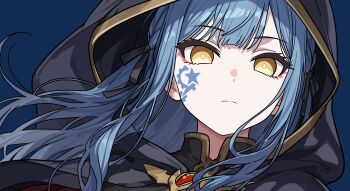 Rule 34 | 1girl, alternate costume, alternate design, bang dream!, bang dream! it's mygo!!!!!, black hood, black ribbon, blue background, blue hair, bright pupils, brooch, cloak, close-up, closed mouth, commentary request, cqcq06, expressionless, facial mark, floating hair, hair ribbon, highres, hood, hood up, hooded cloak, jewelry, long hair, long sidelocks, looking at viewer, mark under eye, portrait, ribbon, sidelocks, simple background, solo, star (symbol), star facial mark, togawa sakiko, two side up, white pupils, yellow eyes, yumenokessho