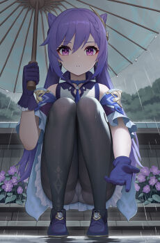 1girl absurdres bare_shoulders black_pantyhose cameltoe choker commentary_request cone_hair_bun crotch_seam diamond-shaped_pupils diamond_(shape) double_bun dress frilled_gloves frills genshin_impact gloves hair_bun hair_ears hair_ornament highres holding holding_umbrella keqing_(genshin_impact) long_hair looking_at_viewer neck_tassel outdoors panties panties_under_pantyhose pantyhose pantyshot purple_choker purple_dress purple_eyes purple_gloves purple_hair rain revision solo symbol-shaped_pupils tassel twintails umbrella underwear wa_(user_snch2757) white_panties