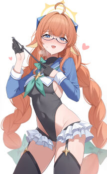 1girl absurdres ahoge aqua_neckerchief black-framed_eyewear black_gloves black_leotard black_thighhighs blue_archive blue_shrug blush braid braided_twintails breasts contrapposto covered_navel fang glasses gloves groin half_gloves halo heart highleg highleg_leotard highres holding holding_riding_crop leotard long_hair long_sleeves looking_at_viewer neckerchief official_alternate_costume open_mouth orange_hair pang-yo riding_crop shimiko_(blue_archive) shimiko_(magical)_(blue_archive) shrug_(clothing) sideboob simple_background skin_fang solo super_highleg sweatdrop thighhighs twin_braids white_background yellow_halo