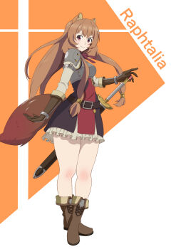 Rule 34 | 1girl, achi (achi5568), animal ear fluff, animal ears, ankle boots, armor, belt, black dress, boots, breastplate, brown belt, brown boots, brown hair, character name, closed mouth, commentary request, commission, dress, floating hair, full body, hand up, highres, long hair, long sleeves, looking at viewer, metal arm cuffs, metal hair tubes, metal wrist cuffs, neck ribbon, orange background, pauldrons, pink eyes, pinstripe dress, pinstripe pattern, pixiv commission, raccoon ears, raccoon girl, raccoon tail, raphtalia, red dress, red ribbon, ribbon, scabbard, sheath, sheathed, short dress, shoulder armor, simple background, sleeveless, sleeveless dress, smile, solo, standing, straight hair, sword, tail, tate no yuusha no nariagari, two-tone dress, variant set, weapon, white background, white dress